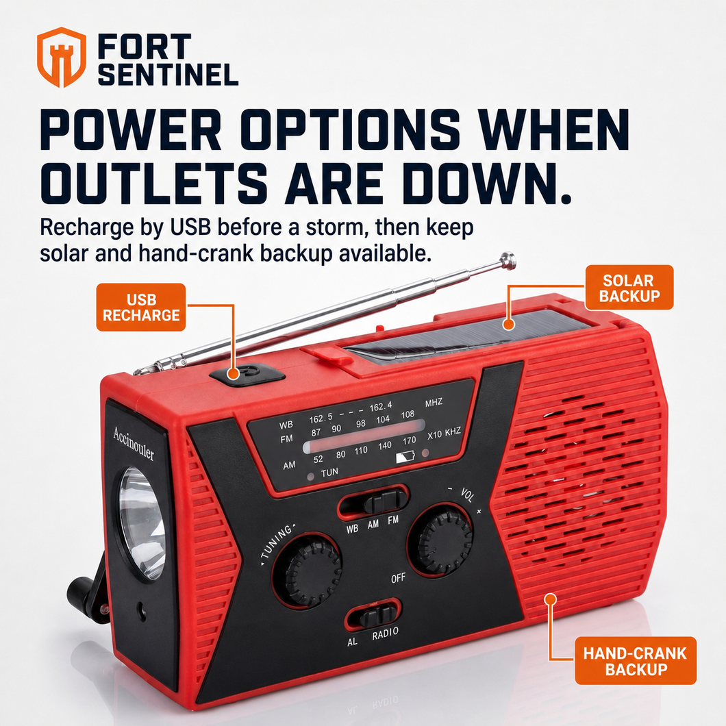 Fort Sentinel emergency radio USB solar and hand-crank power options