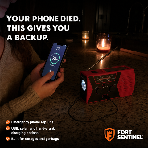 Fort Sentinel emergency radio providing a phone top-up