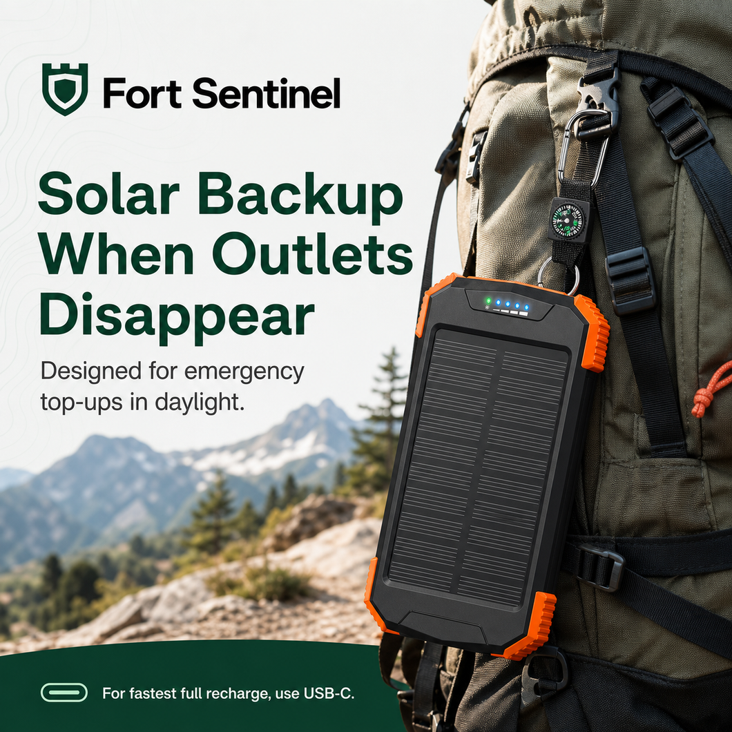 Fort Sentinel solar power bank clipped to a hiking backpack