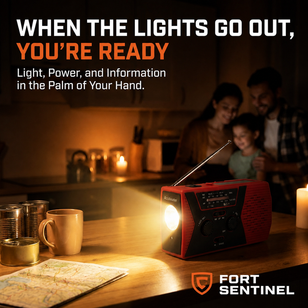 Fort Sentinel emergency radio lighting a kitchen during an outage