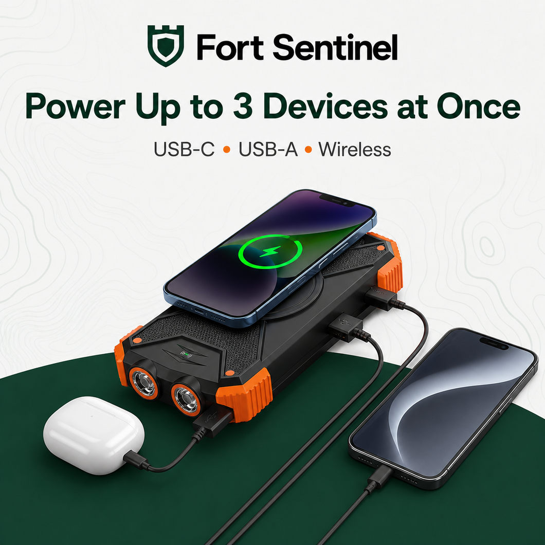 Fort Sentinel power bank charging three devices with USB-C, USB-A and wireless charging