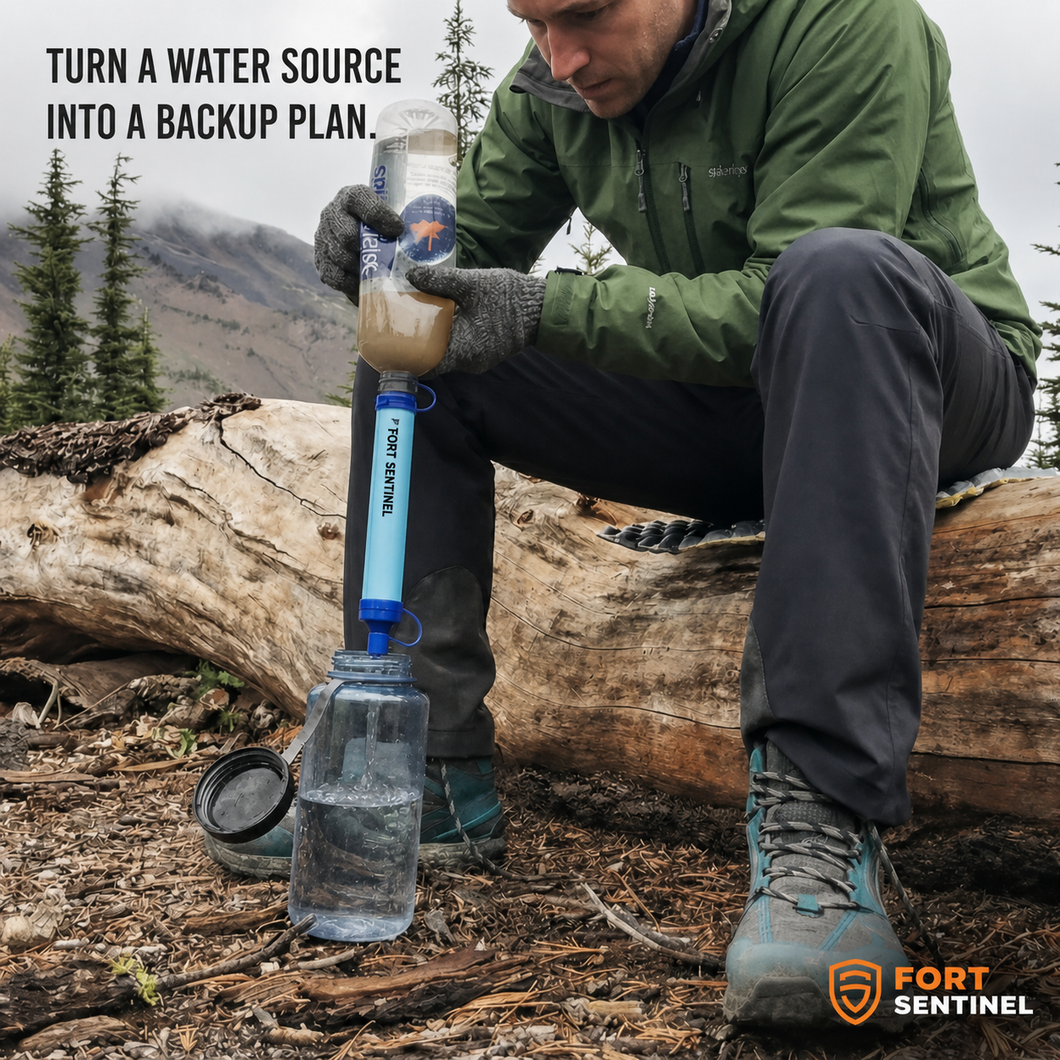 Hiker using the Fort Sentinel water filter with a bottle