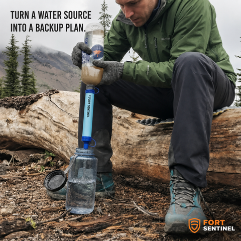 Hiker using the Fort Sentinel water filter with a bottle